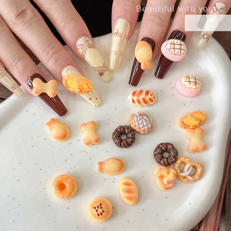 10Pcs Resin Simulation Food Nail Charms Kawaii Cartoon Donut Bread Nail Art Accessories 3D Charm For DIY Nail Decorations Salon