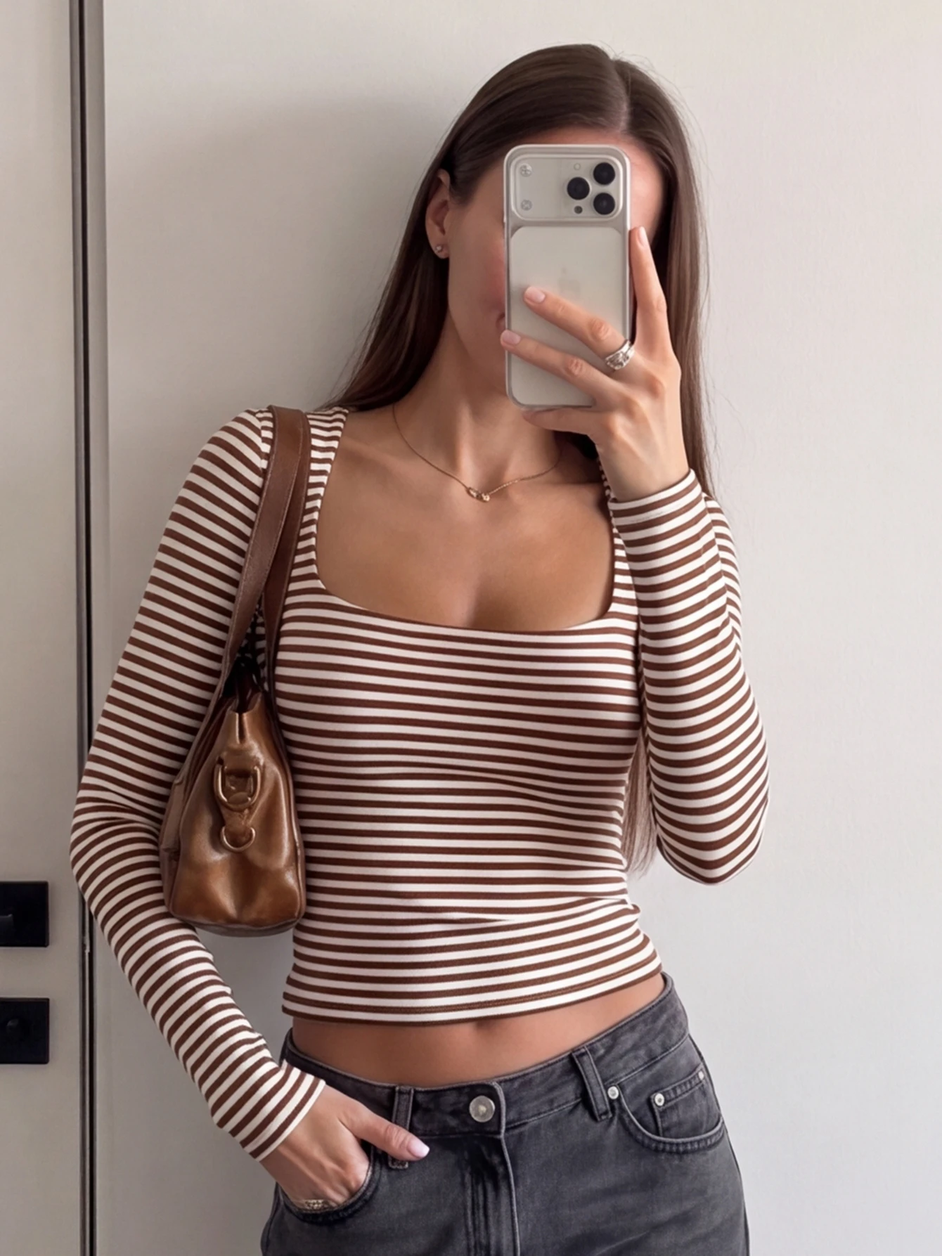 Hugcitar Striped Print Square Collar Long Sleeve Sexy Crop T-Shirt Top Fall Women Fashion Outfit Streetwear Party Tees Wholesale