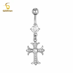 Shiny Silver Color Zircon Cross Dangle Belly Button Ring 14G Titanium Bar Navel Piercing Body Jewelry for Women Sexy Accessories