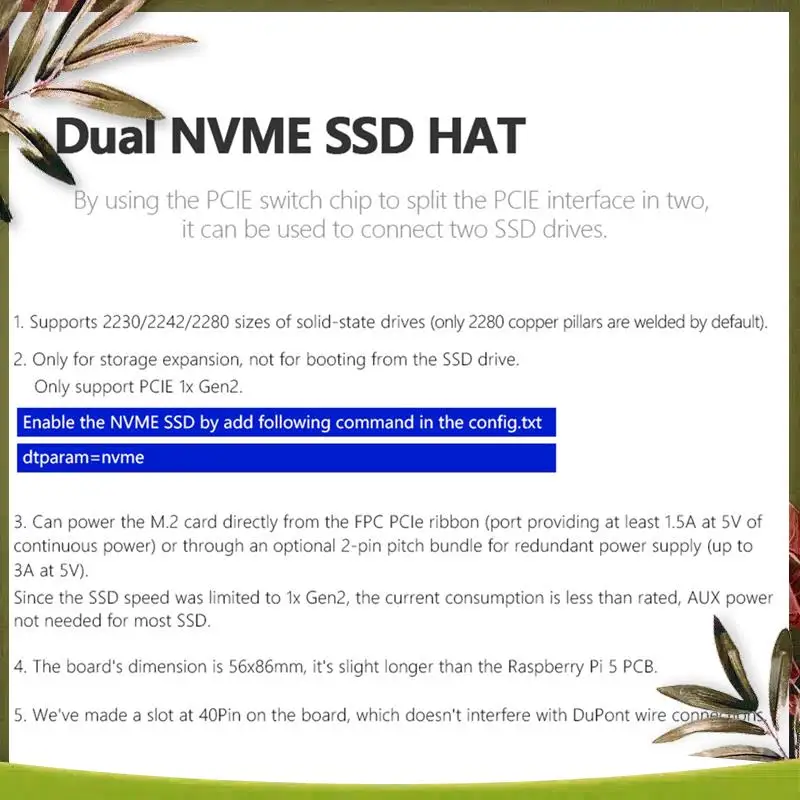 

New-MPS2280D For Raspberry Pi 5 PCIE To M.2 Dual NVME SSD HAT Support 2280/2242/2230 SSD PCB