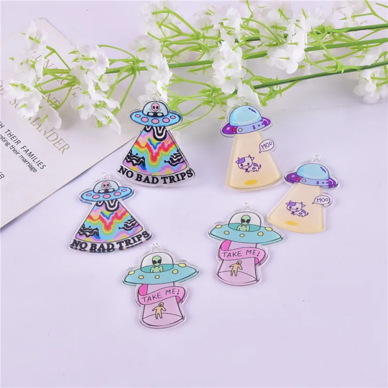 10pcs/set Mix Style Cow UFO Spaceship Acrylic Charms Pendant Jewelry Making Craft DIY