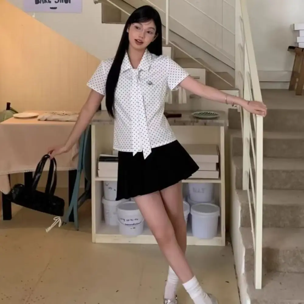 

Fashion Short Polka Dot Shirt Ruffle Streetwear Women Polka Dot Blouse Korean Style Stripes Long Sleeve Tops Girls Gift