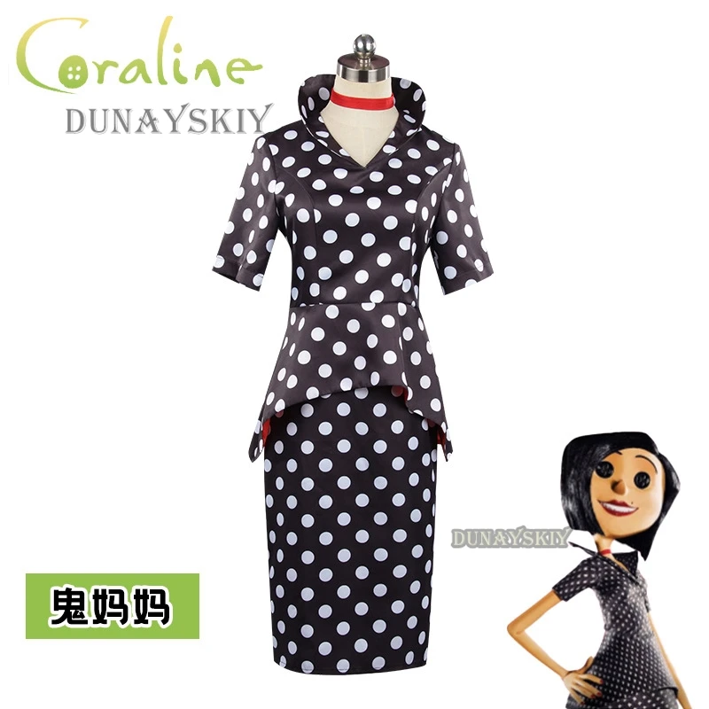 Horror Fairytale Movies Coraline Mother Cosplay Costume Wig Polka Dress Secret Button Eyes Halloween Party Scary Roleplay Suit