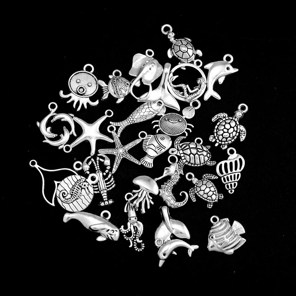 30pcs 27 Style Whale Mermaid Tail Hippocampus Starfish Turtle Charms Ocean Marine Pendants For DIY Jewelry Making Accessories