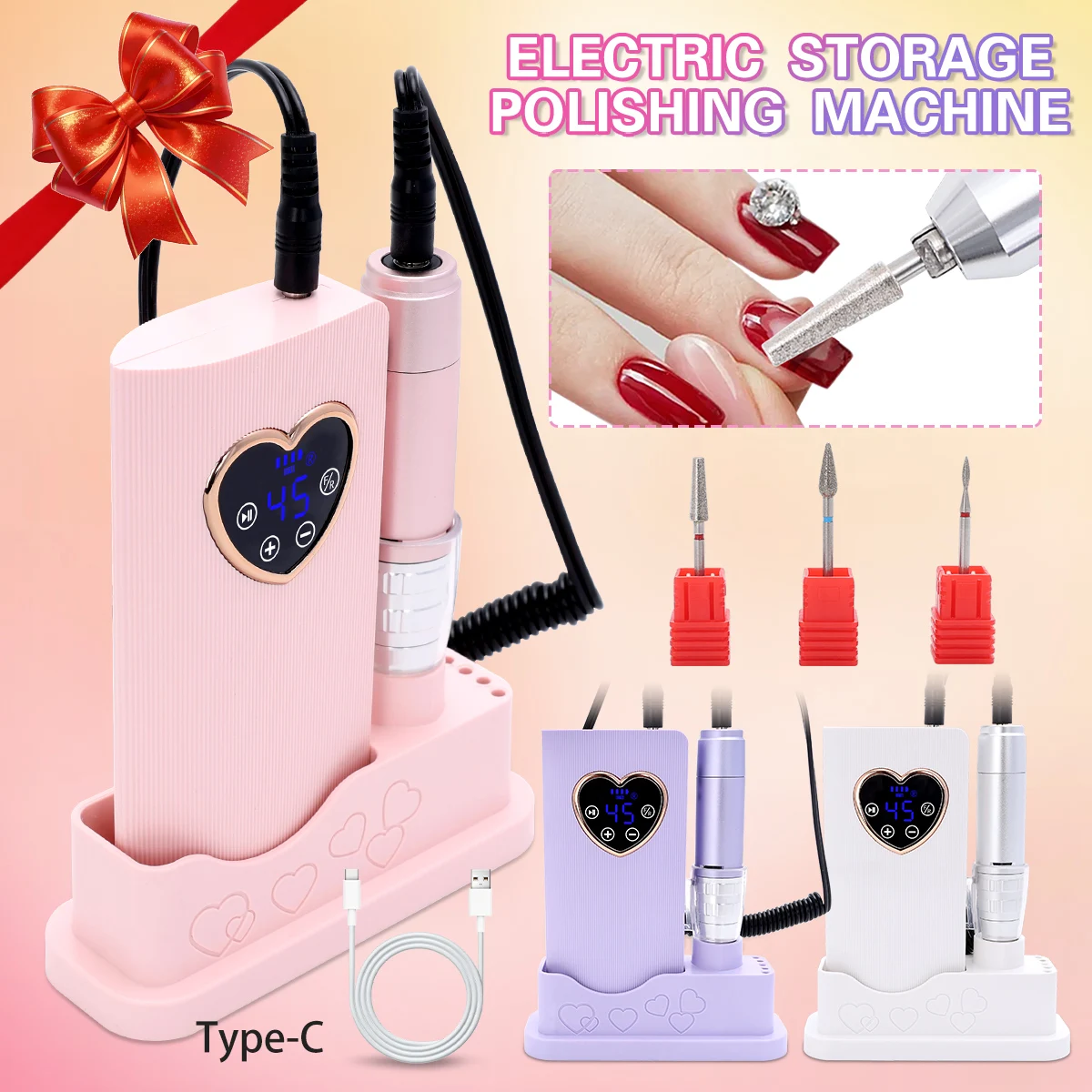 

USB rechargeable nail polisher set with bracket and three replacement polishing heads, portable nail polisher and pedicure.