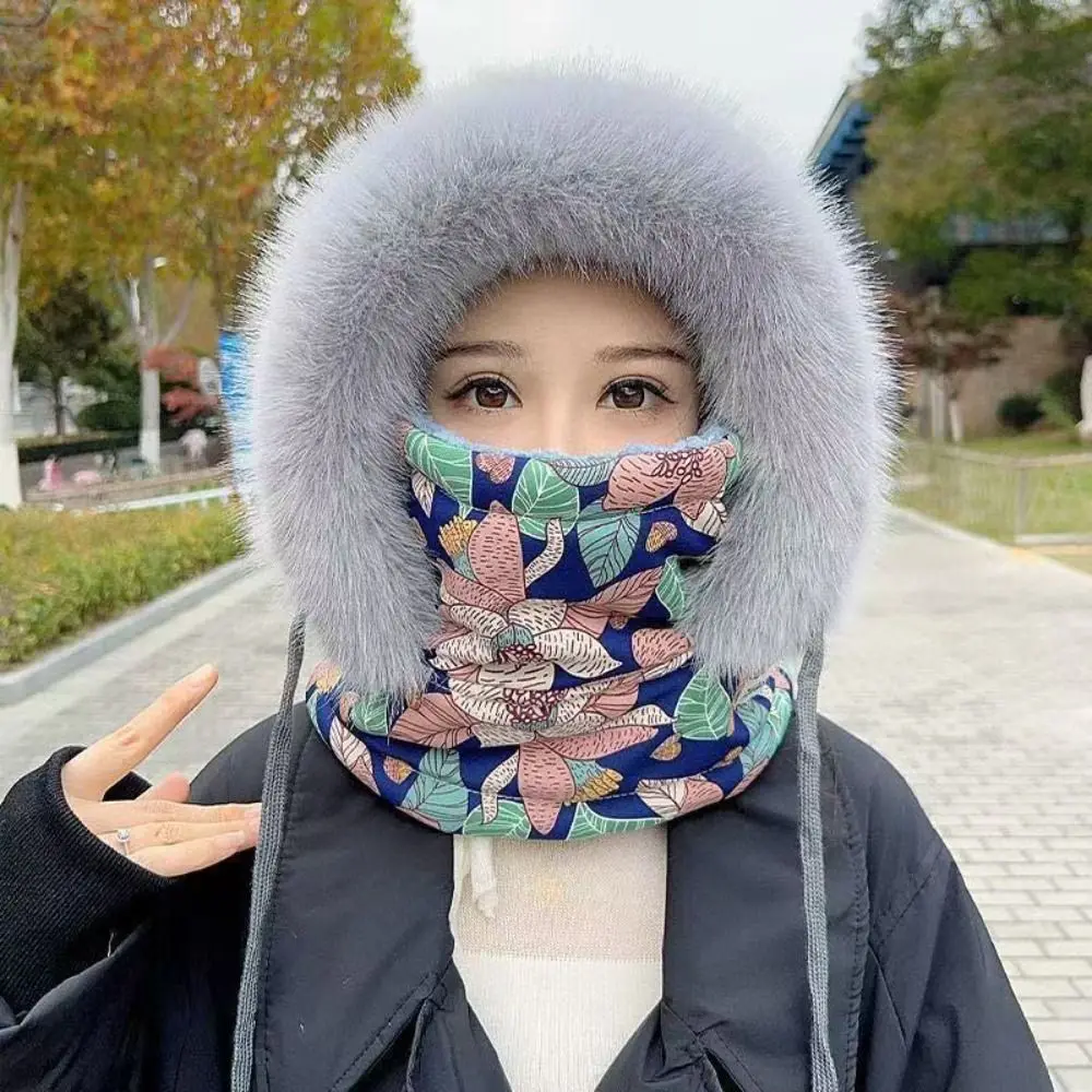 

Windproof 3-in-1 Winter Cycling Hat Flower Print Plaid Warm Scarf Face Mask Neck Warmer Cold Resistant Lei Feng Hat Outdoor