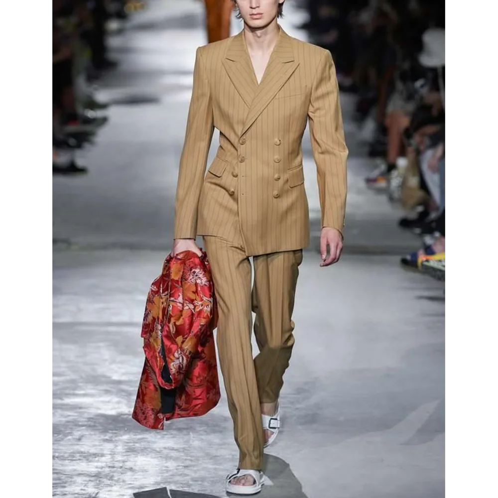 

Повседневный полосатый костюм для мужчин с остроконечными лацканами, двубортный прямой приталенный модный пиджак, брюки, повседневный мужской костюм для выпускного вечера