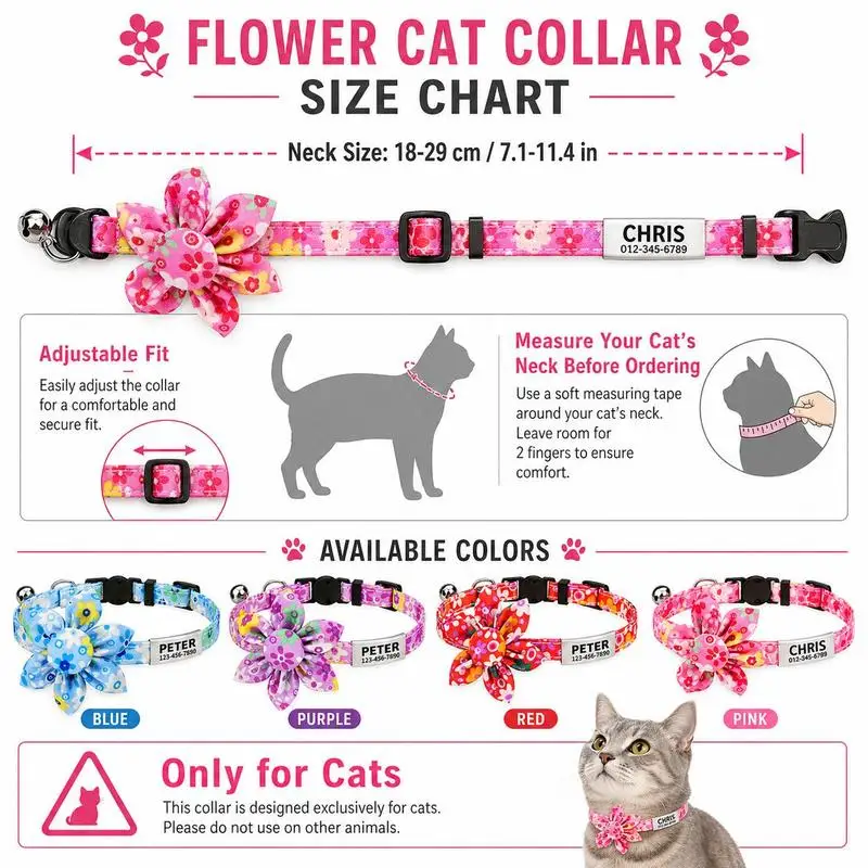 Personalized Cat Collar Custom Engraved Name Slide ID Tag Floral Flower Cat Collar with Bell for Kittens Adult Cats