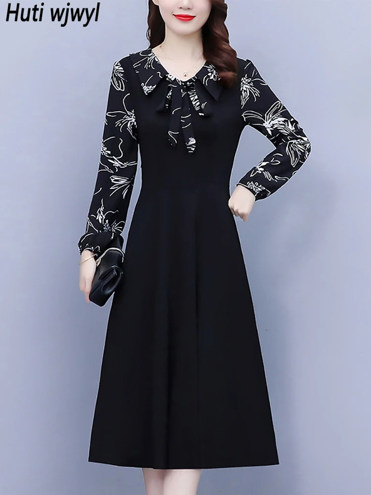 2024 Korean Vintage Hepburn Prom Clothes Autumn Winter New Black Patchowrk Bow Dress Fashion Elegant and Pretty Women's Dresses