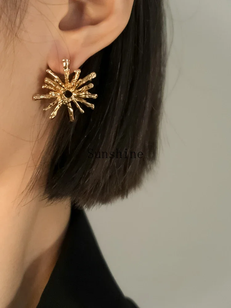 Retro temperament European and American metal sunflower stud earrings and ear clips for women