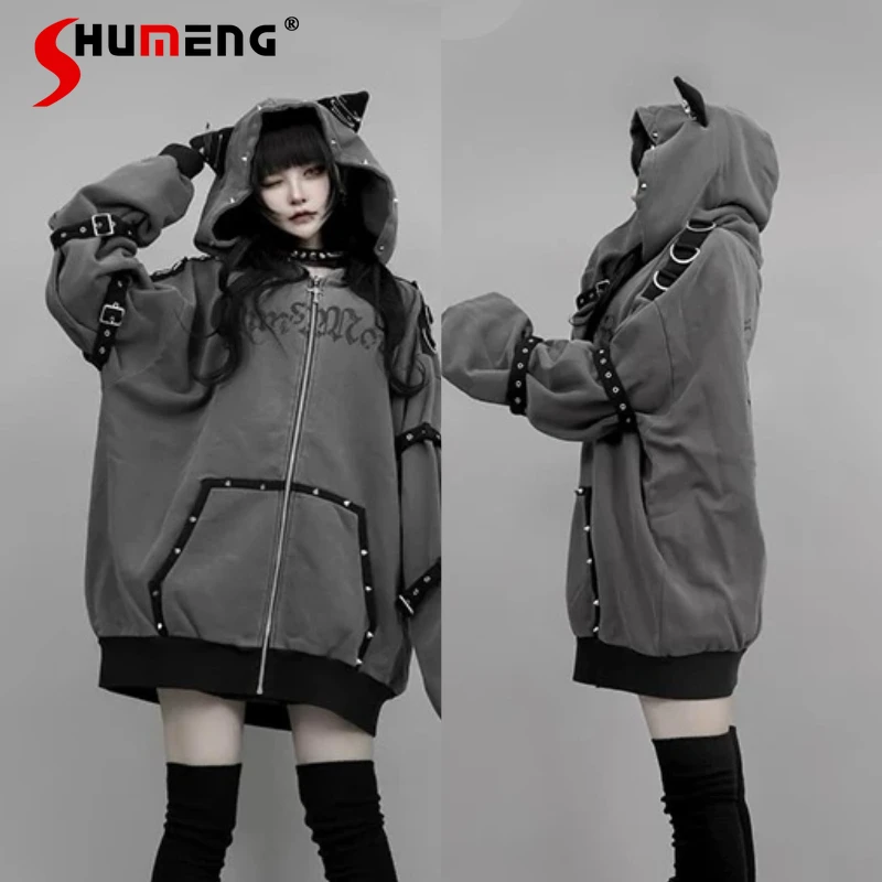

Harajuku Subculture Dark Gothic Jackets Autumn Winter Hot Girls Street Sweet Cool Hooded Coat Y2K Women Punk Zipper Sweatshirt