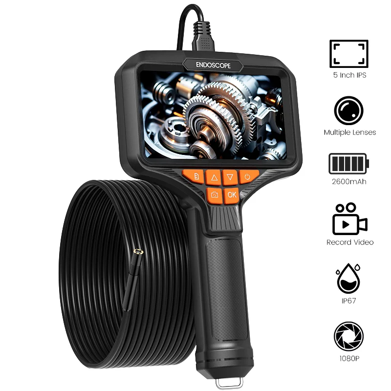 5'' HD Camera Industrial Borescope Singe Dual 8mm Lens Handheld Endoscope Split Design Check Car Sewer