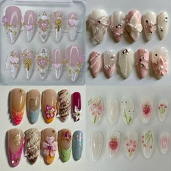 10Pcs Pure Handmade High Quality Almond Press On Nails Art Party Sticker 3D Flower Shell French Heart Diamond Fake Nails