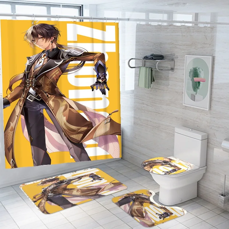 Game Genshin Impact Shower Curtain Xiao Hutao Zhongli Tartaglia Printed Bath Mat Set Bath Curtain Anime Bathroom Toilet Gift