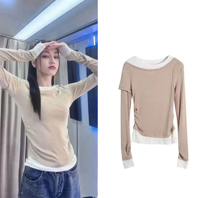 Khaki Spliced Long Sleeved Shirt Fake Two-piece Top Womens Autumn Design T-shirt