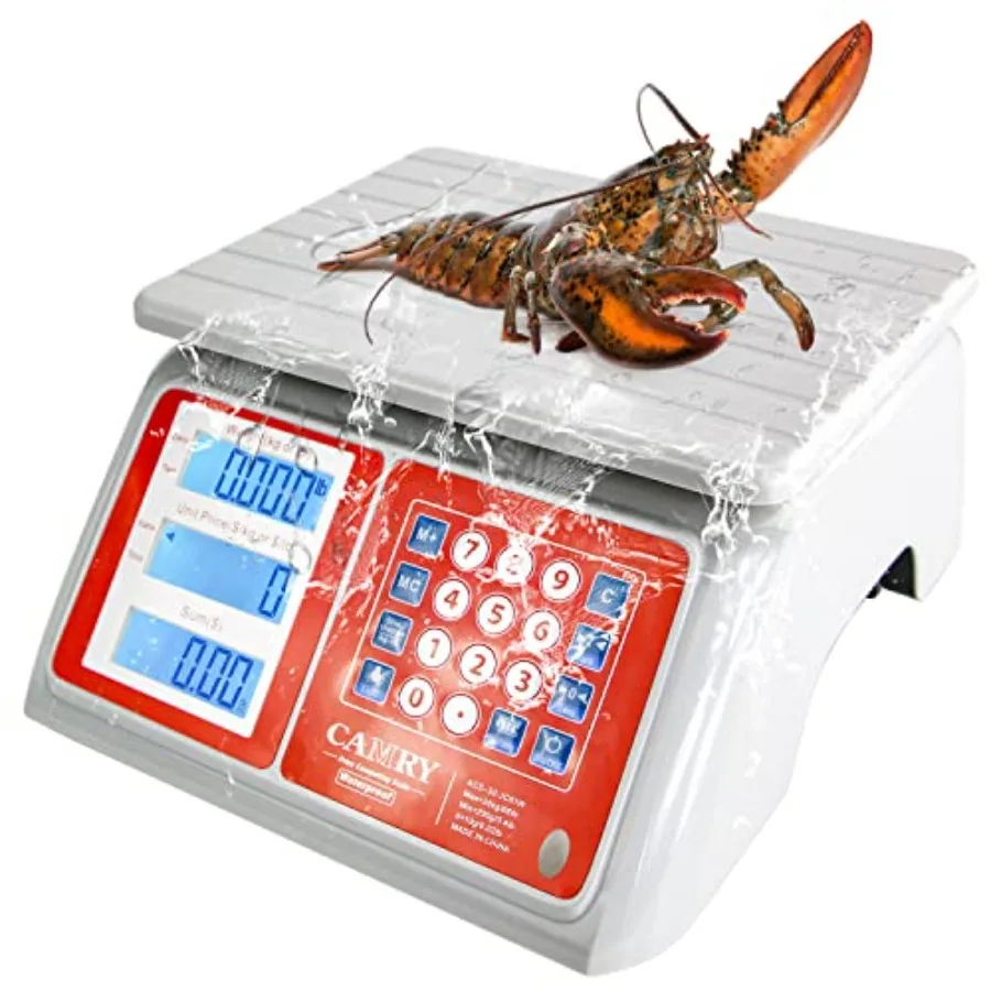 

Farmers market, seafood use: waterproof commercial food scale, ABS plastic, white, IPX7 rating, 66lb/30kg capacity, white backl