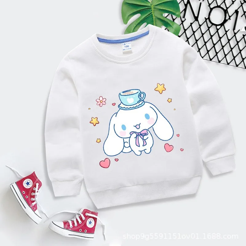 

Sanrio Cinnamoroll Girl Pullover White Long Sleeve Sweatshirt Anime Cartoon Printed Tops Casual Crew Neck Kawaii Kids Clothes