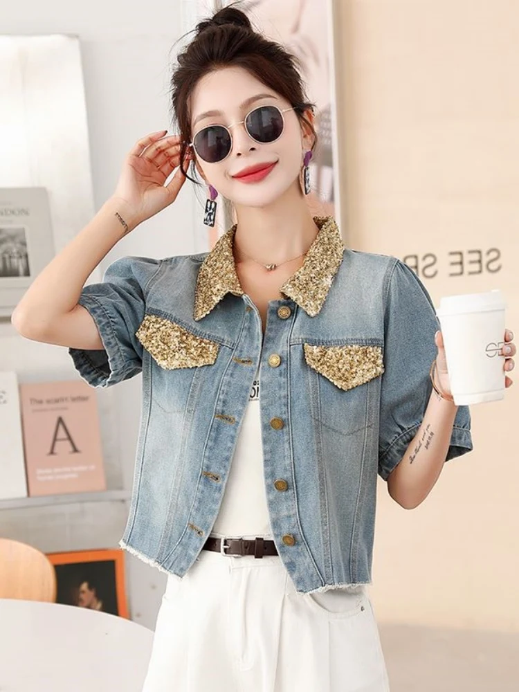 Hong Kong Sle ort Sve Denim irt Jaet Women's Summer Thin Retro Design Small Size Fraance Wind Top Button up Coat