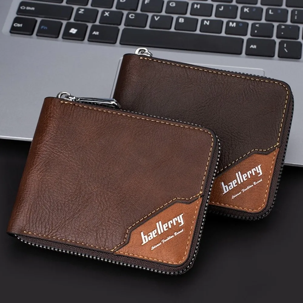 

Leather Men's Short Wallet Zipper Card Bag English Letter Anti-theft Cash Bag Urban Recreational Style ID Badge Holder