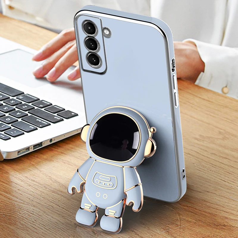 Astronaut Plating Stand Holder Case For Tecno Spark 8C 9T 8 7 6 Go Pova 2 Camon 18 16 15 Pro Pop 5 LTE Soft Bracket Phone Cover