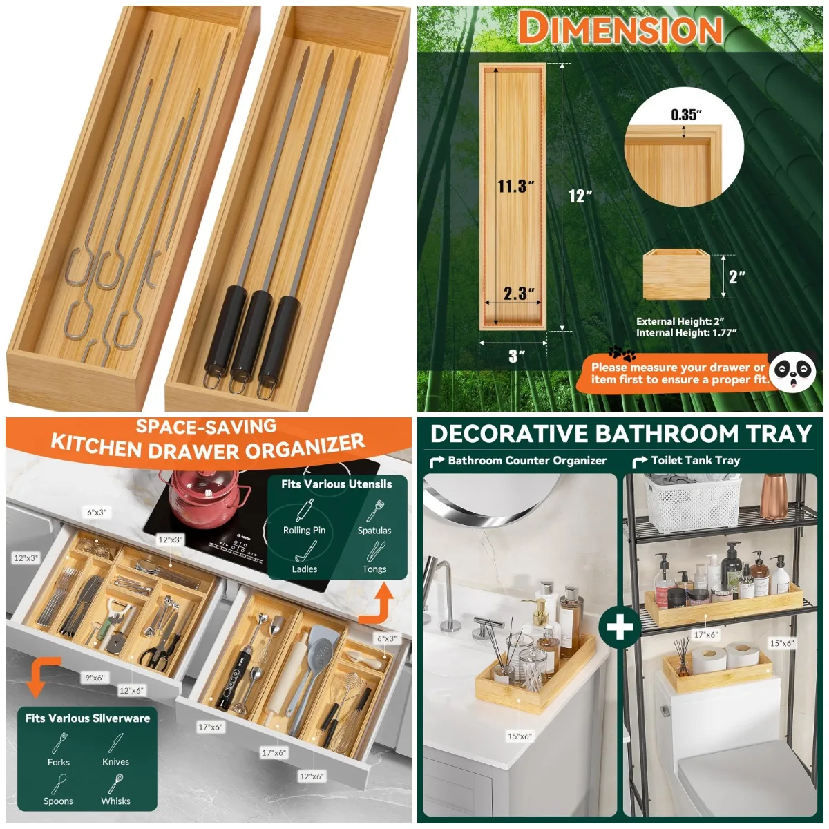 

Bamboo Drawer Organizer, 2-Piece Stackable Cutlery Tray, Silverware & Utensil Box, 12' x 3' x 2'