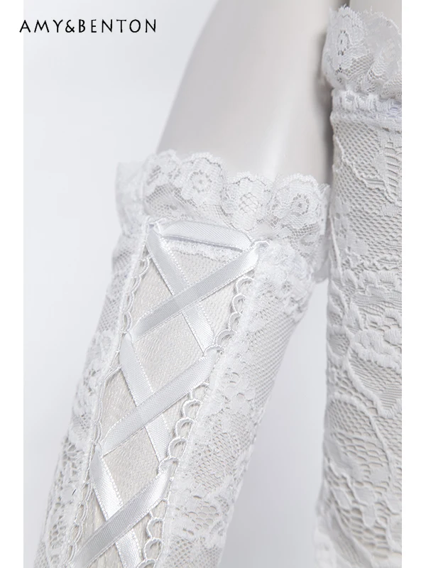 Estilo gótico Harajuku encaje Patchwork lazo cruzado mangas para mujer Estilo clásico Vintage elegante accesorios de subcultura Lolita