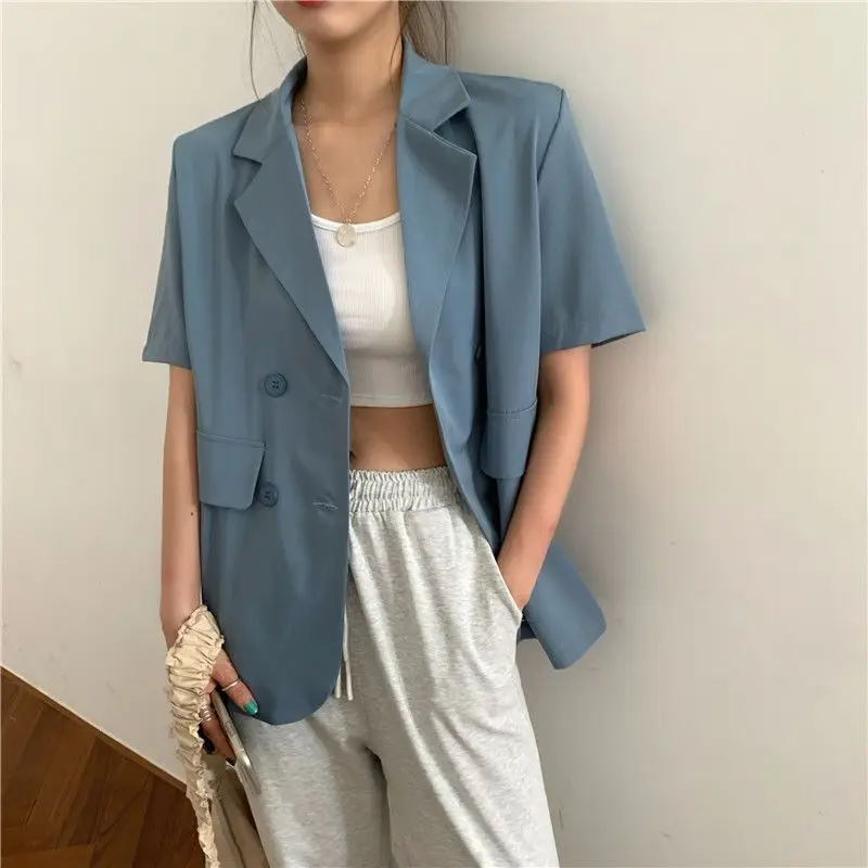 Suit Women Summer Short Sleeve Blazer Lightweight Blouse Loose Tops Korean Chic Shirt Solid Women Clothing Coats New