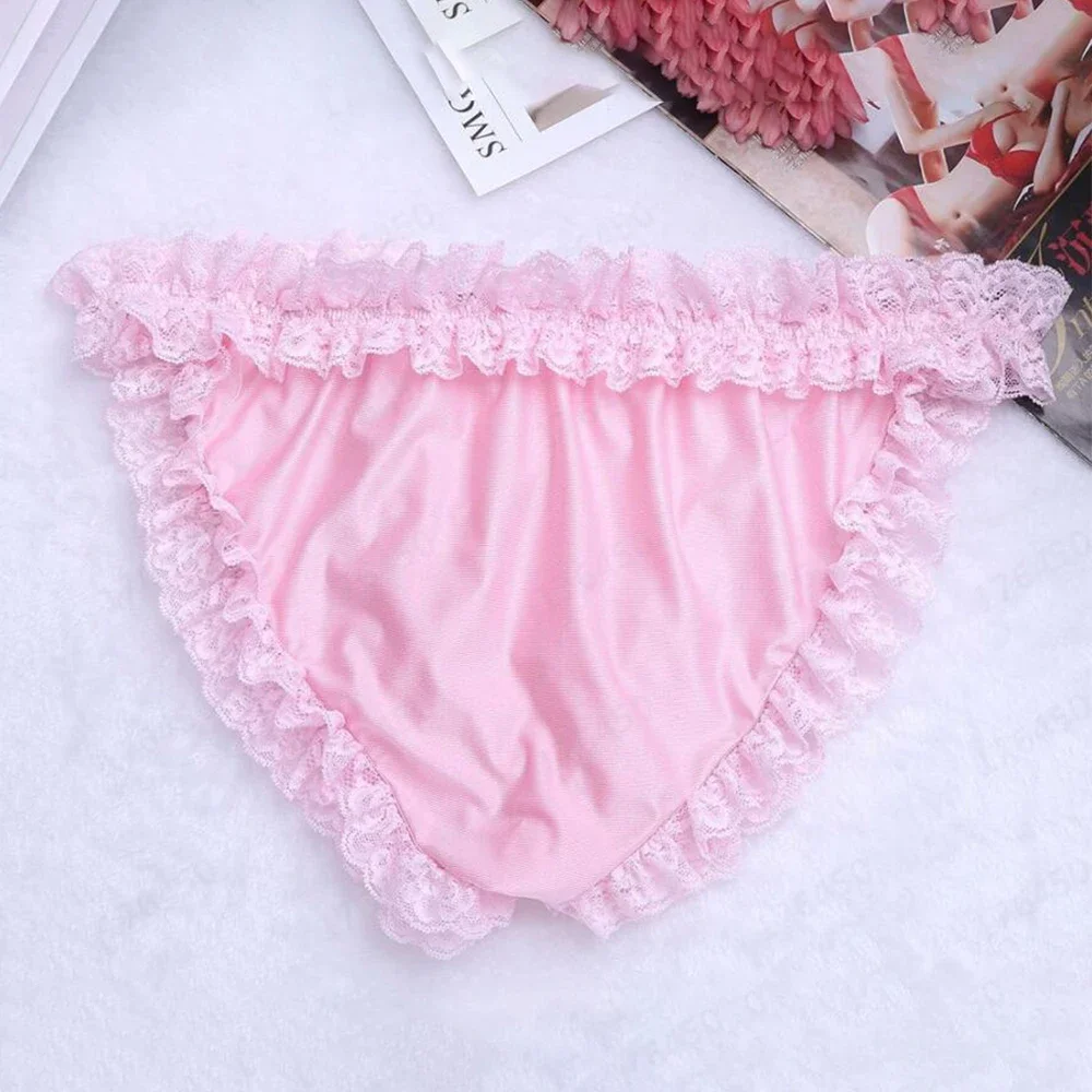 Herren Spitze Rüschen Bikini Unterwäsche Krempe Slips Sissy niedrige Taille Höschen weiche Tasche Schlüpfer elastische Unterhose Versuchung Dengeri