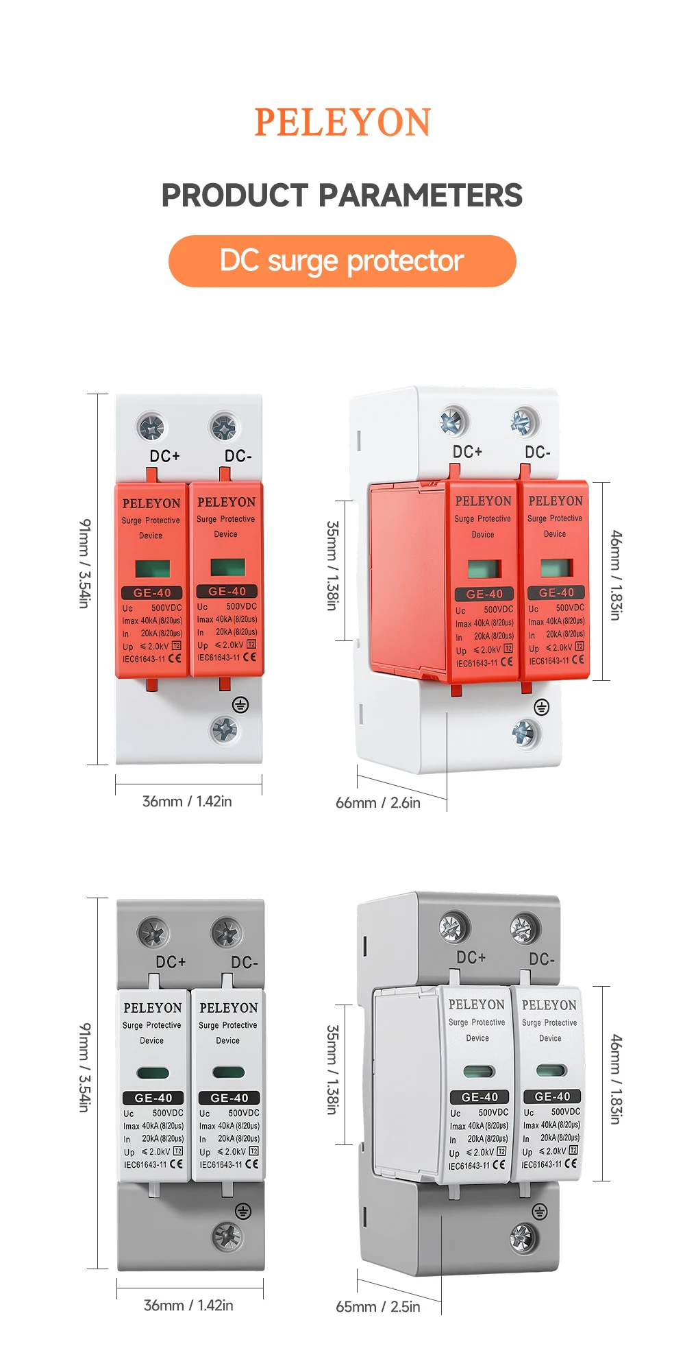 PELEYON 1 Stück DC 800/1000/500/600V Überspannungsschutz Grau SPD 20KA~40KA 10KA~20KA Niederspannungs-Schutzgerät – Detail 5
