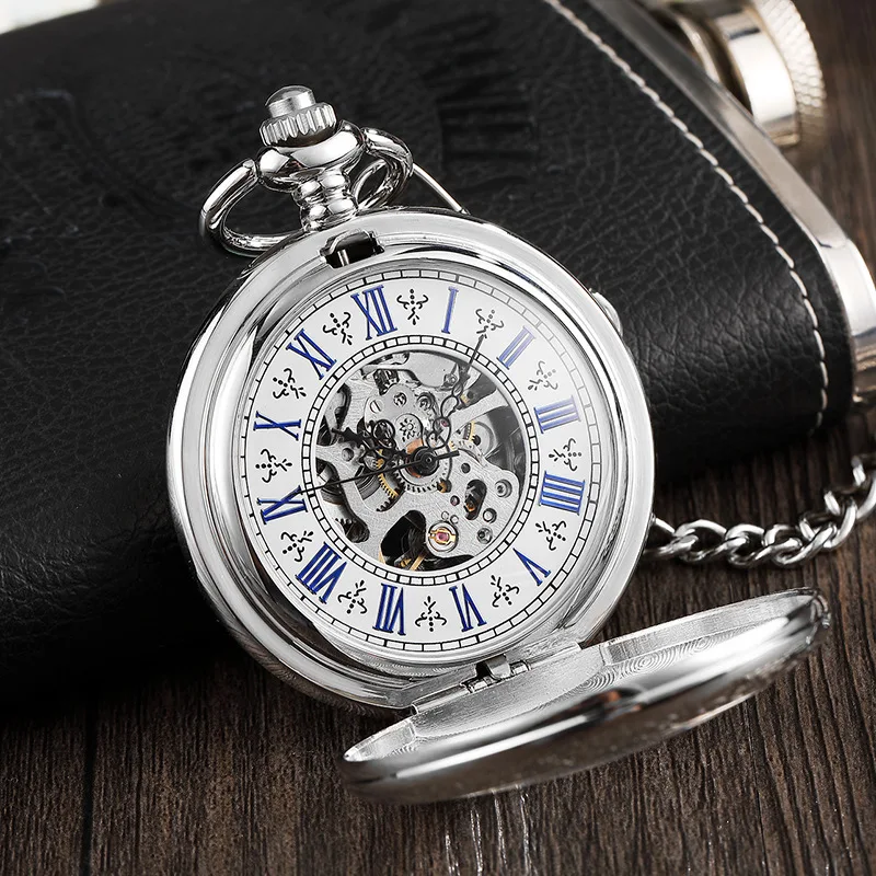Mechanical Hand Winding Pocket Watch Blue Roman Numerals Display Transparent Cover Antique Silver Fob Pendant Pocket Clock