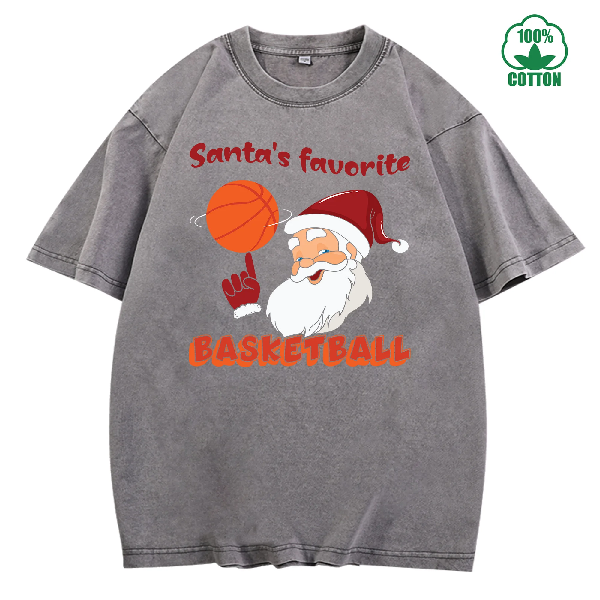 تي شيرت كلاسيكي مغسول لعيد الميلاد بكرة السلة 230 جرام 100% قطن للجنسين مريح كبير الحجم ملابس الشارع