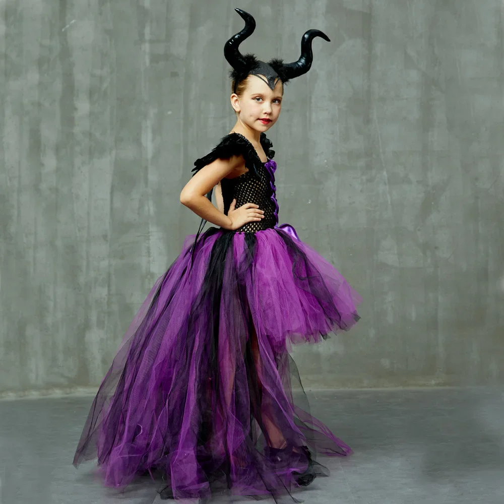 Kinder-Federkleid mit Schulterverzierungen, Gothisches Kleid für Mädchen, Lila-Schwarzes Netz-Tüllkleid für Halloween-Verkleidungspartys – Detail 5