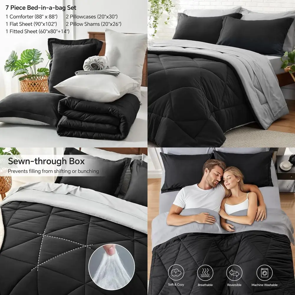 

Черный двусторонний комплект одеял из микрофибры из 7 предметов с простынями, наволочками и шаром — всесезонное роскошное постельное белье