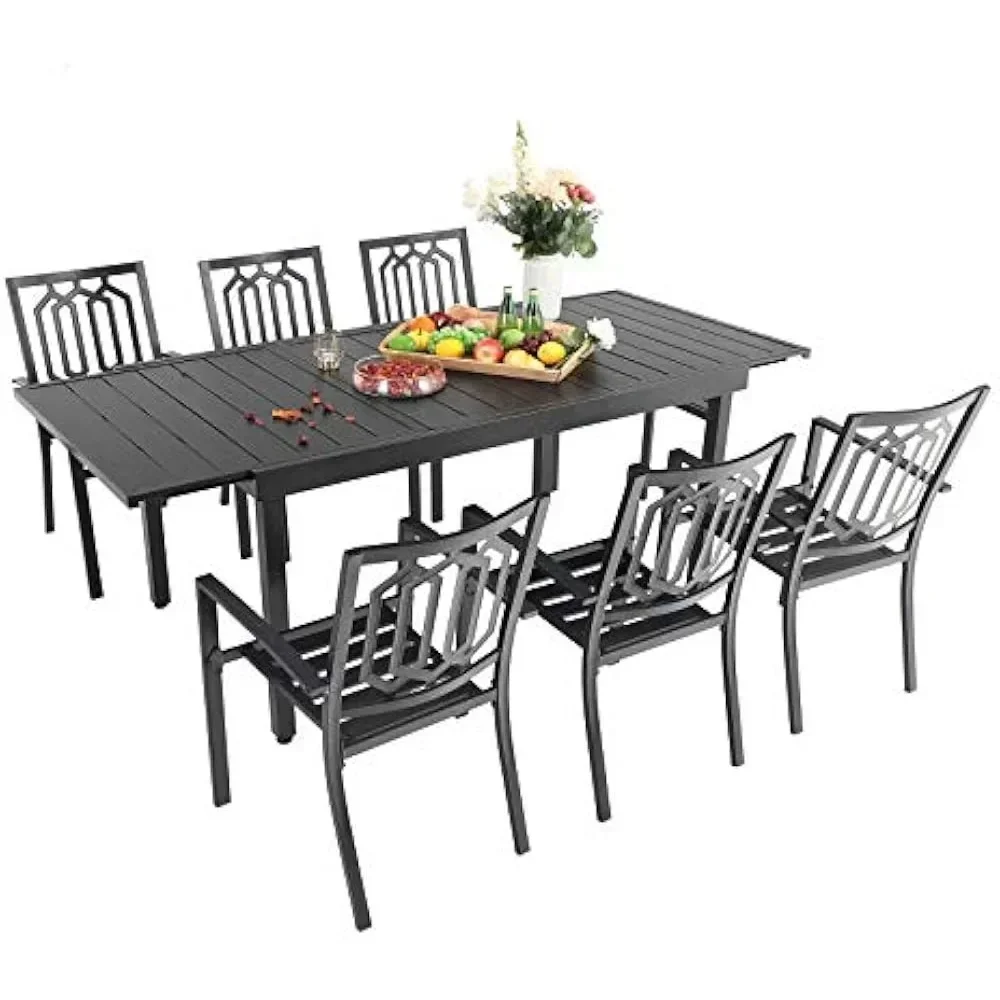 Patio Dining Set, 7 Piece Metal Bistro Furniture Set, 1 Rectangle Expanding Dining Table and 6 Backyard Garden Outdoor Chairs