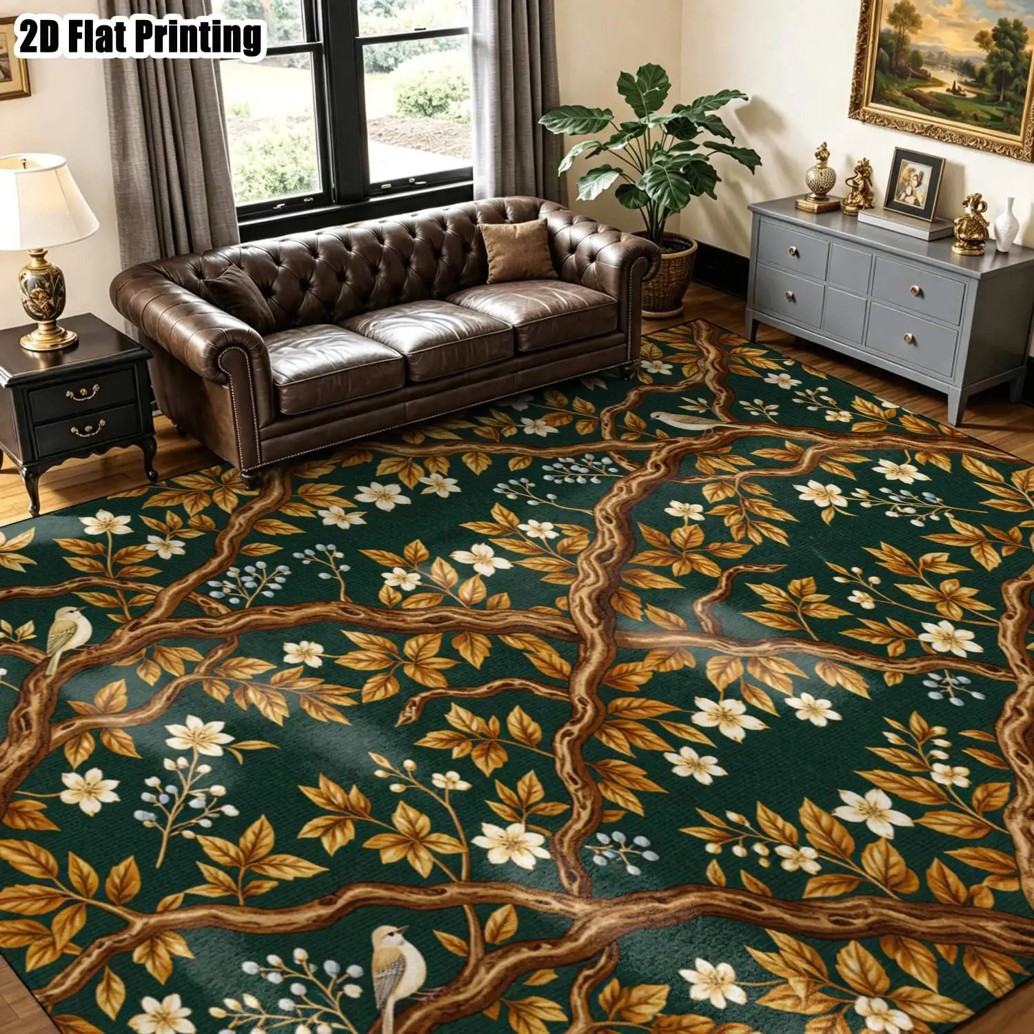 1Pc 2D Printed Carpet: Dark Green Base Floral Bird Pattern, Retro Decor, Machine Washable, Multi-Size, Multi-Scene Use