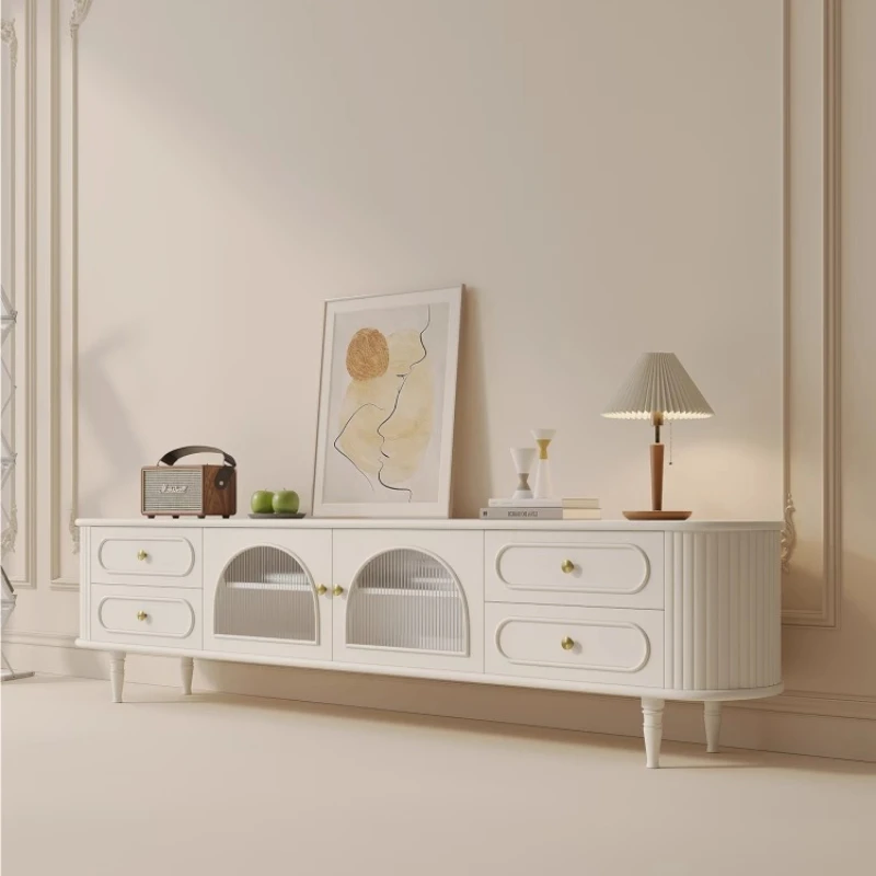 

French TV cabinet coffee table combination living room light luxury Changhong glass high foot cream wind solid wood paint TV