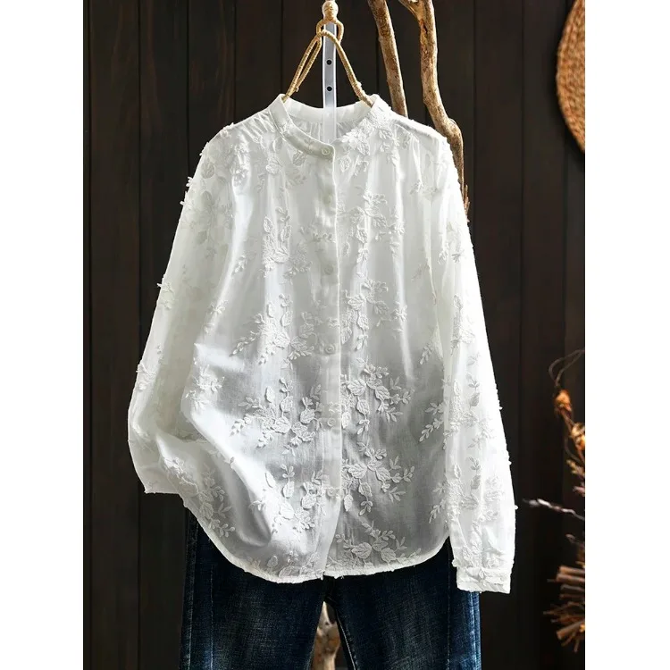 

Spring New Sle Pure Cotton White irt Women Loose Slimming Sweet Match round Ne Long Sve Embroidery irt