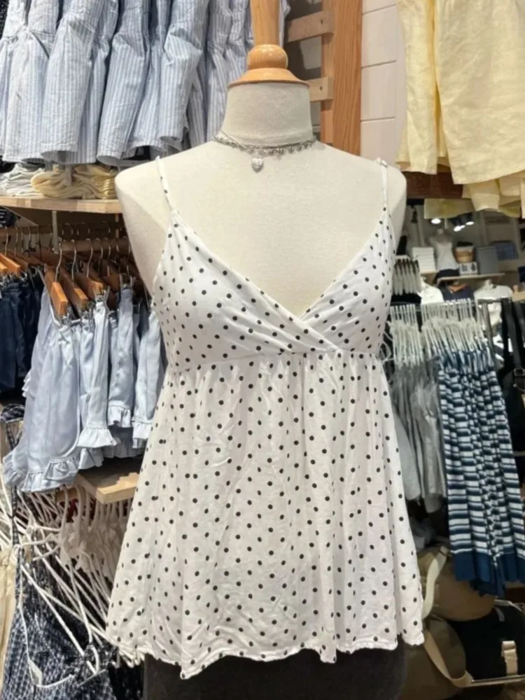 

Sexy V-neck Polka Dot Tank Top for Women Summer New White Casual Backless Cotton Camisole Female All-match Slim Sweet Vest Tops