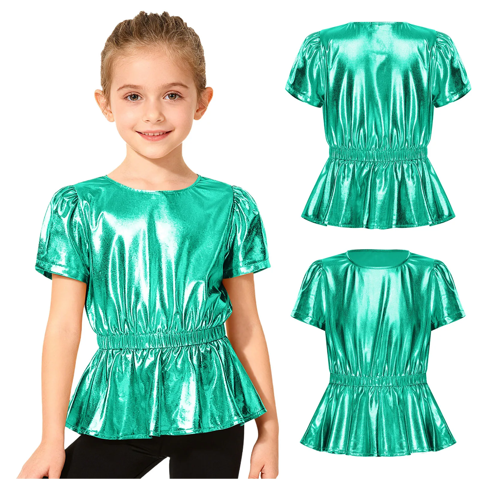 여자 메탈릭 재즈 힙합 댄스 탑 반팔 신축성 있는 허리 페플럼 탑 티셔츠 학교 치어리딩 공연 스트리트웨어