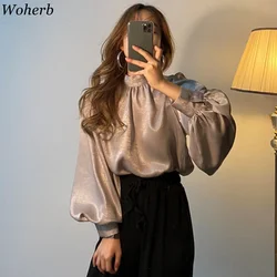 Woherb Elegant Shirt Spring Femme Casual Tops Women Long Puff Sleeve Satin Silk Blouse Girls Korean Office Blouses Solid Blusas