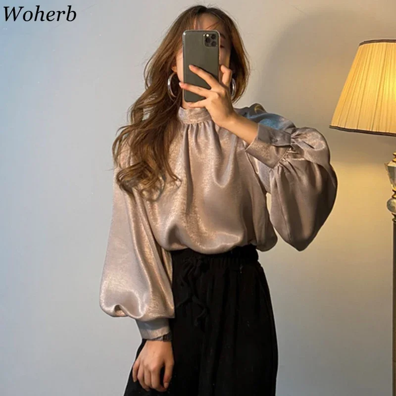 Woherb Elegant Shirt Spring Femme Casual Tops Women Long Puff Sleeve Satin Silk Blouse Girls Korean Office Blouses Solid Blusas