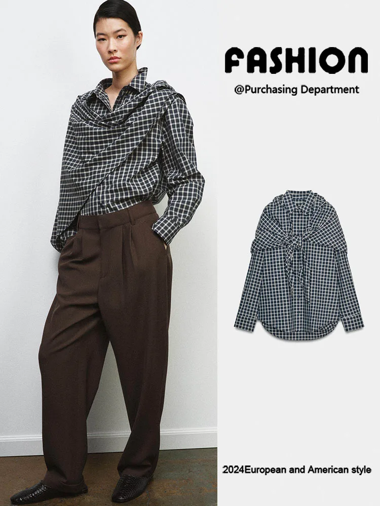 

Spring 2026 Faionable Plaid Scarf irt Long Sve Turn-down Collar Women's Clothing Versatile Sle European Flavor