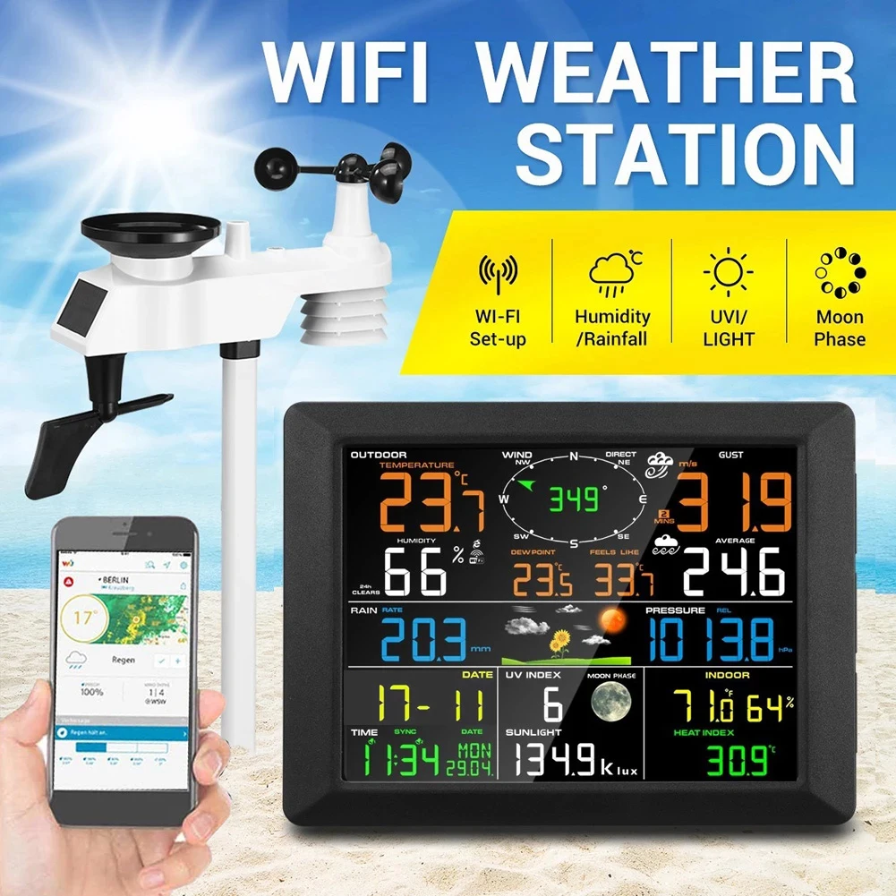 indoor outdoor weather forecast sensor ultraviolet light 0-200000 Lux wifi digital color wireless weather station