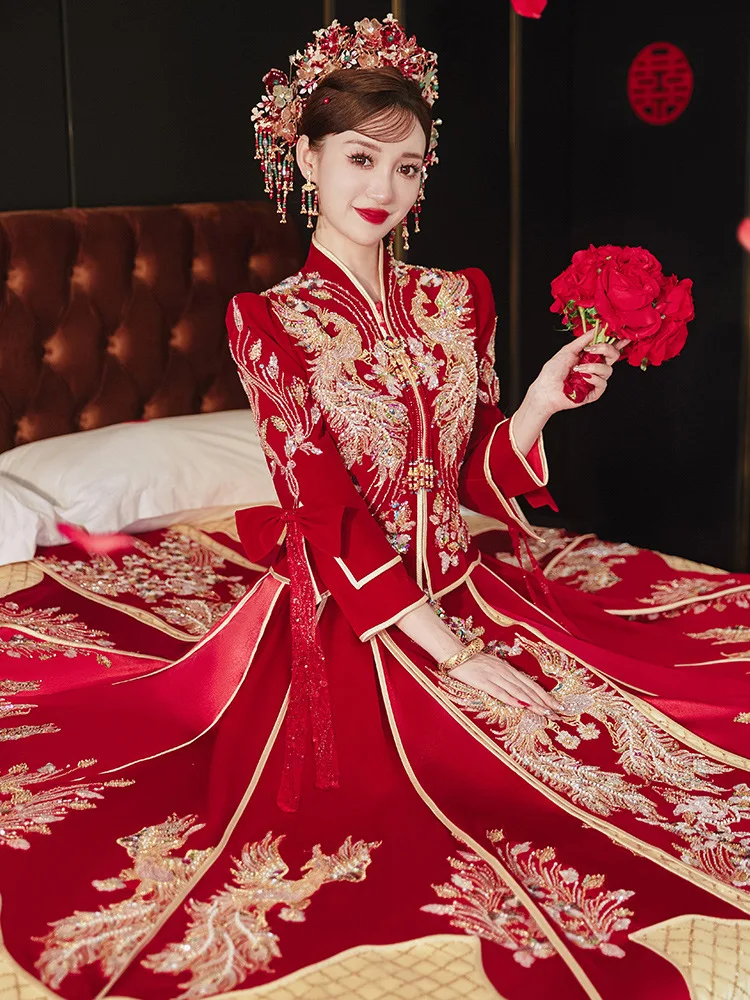 

Chinese Style Sequins Beading Wedding Dress Bride Velour Cheongsam Marry Phoenix Embroidery Qipao Women Toast Clothing