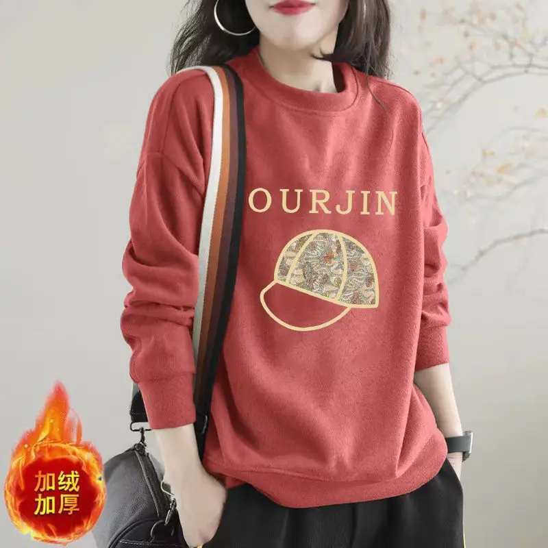 LISM women's winter clothes y2k hoodies sweatshirt 2025 Print Fleece Thick Casual O Neck Long Sleeve Loose Pullover Hoodies