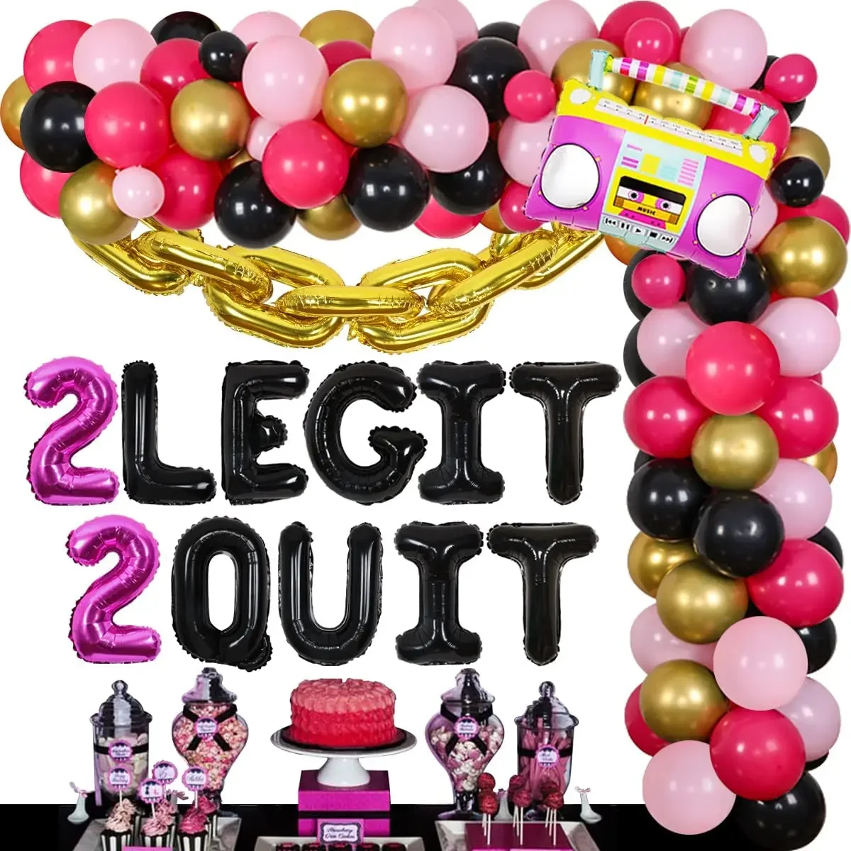 

Cheereveal 2 Legit 2 Quit Hip Hop Theme 2nd Birthday Party Decorations Gold Foil Chain Balloon Kit Retro Radio Balloons for Girl