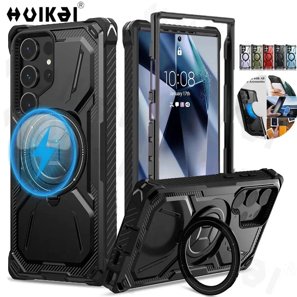 Magnetic Guardian Case for Samsung Galaxy S24 Ultra S24 Plus S23 Heavy Duty Shock Absorption Body Protective Rotatable Kickstand