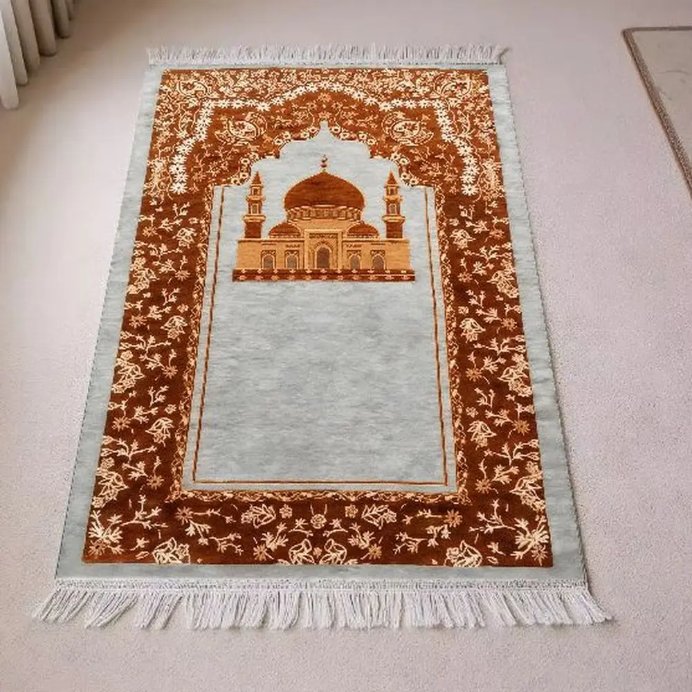 VIKAMA Traditional Islamic Prayer Rug Orange Bismillah Calligraphy Mat with Fringe - view 2