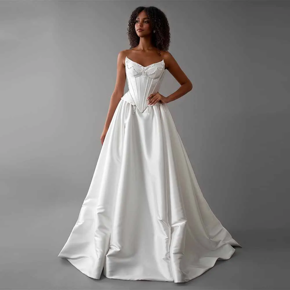 

Traditional Wedding Dresses Satin A-line Wedding Party Dresses White Strapless Pearls Ruched Fishbone Hall Wedding Dress Long