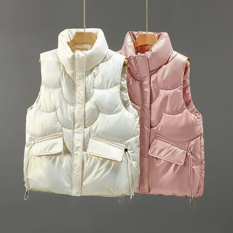 Women Vests Parkas Sleeveless Stand Collar Solid Color Coats Zipper Pockets High Street Draw String Outerwear Slim Fit Autumn